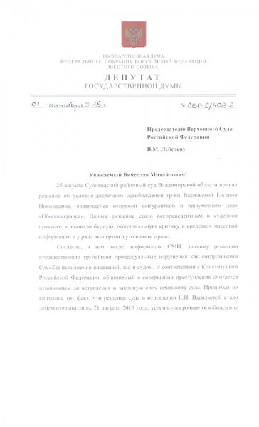 В.Г. Соловьев потребовал проведения проверки всех обстоятельств предоставления условно-досрочного освобождения из женской колонии фигурантке дела об «Оборонсервисе» Е.В. Васильевой