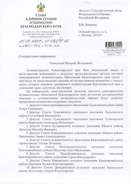 Краснодарский край. В.Ф. Рашкин и С.П. Обухов обнародовали список местных депутатов, нарушивших антикоррупционное законодательство