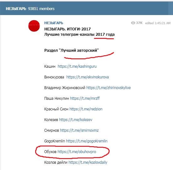 Telegram-канал Сергея Обухова ObuhovPRO признан в числе лучших авторских каналов 2017 года