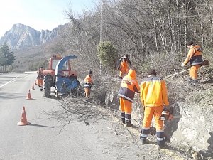 На дорогах Крыма продолжается очистка обочин и вырубка сухостоев